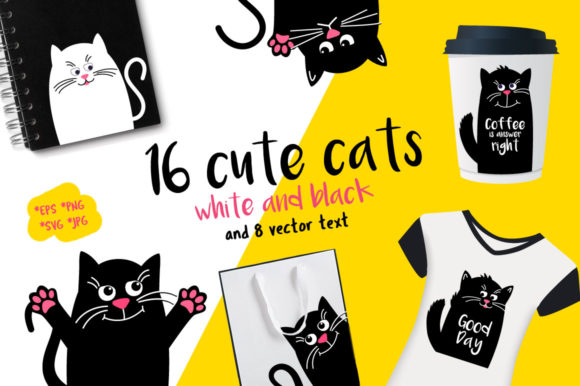 Set Black and White Cats Vector for Graphics and Print Templates